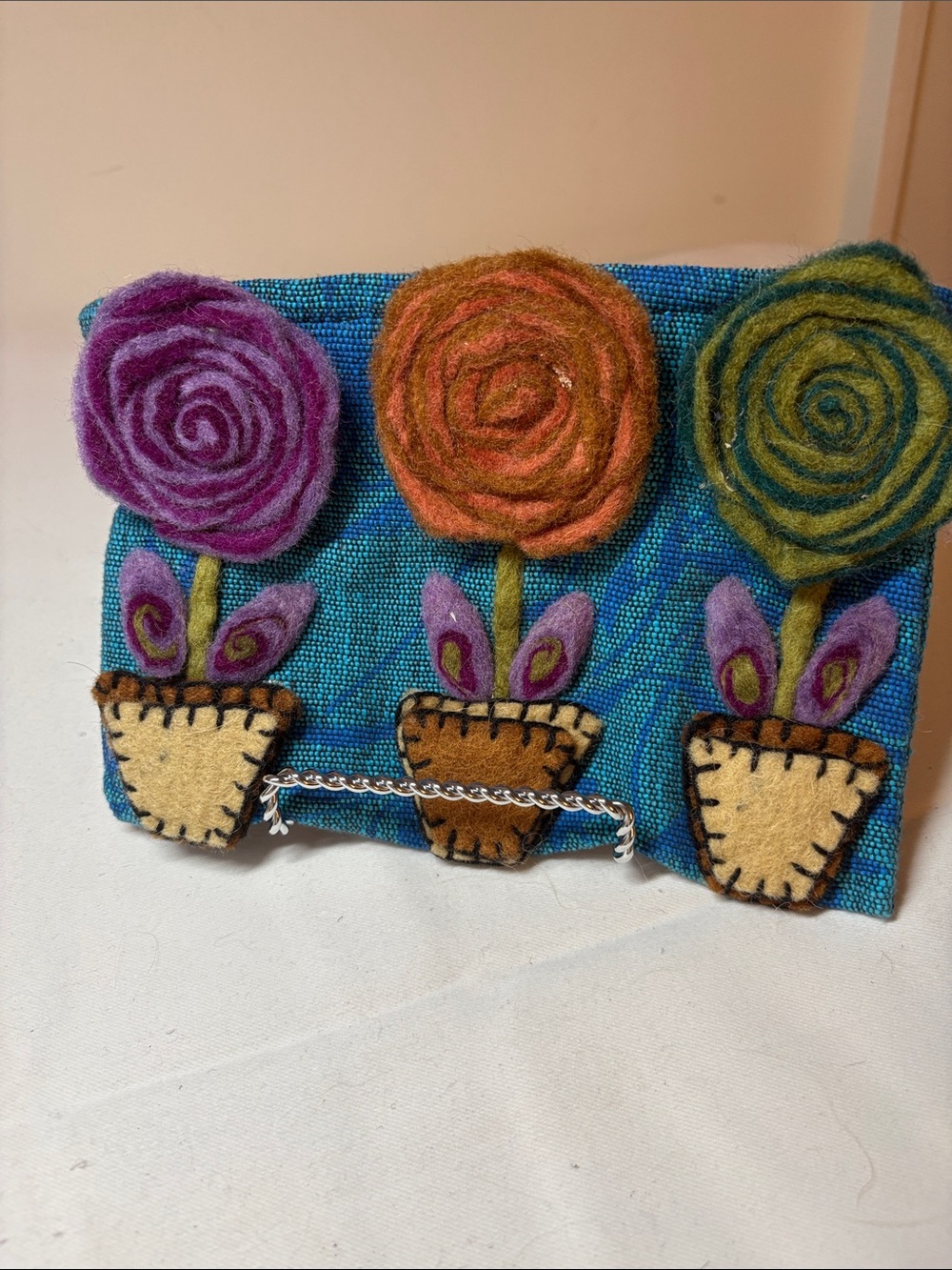 Rising Tide Blue Cotton Zip-Top Pouch Embellished w/ wool Felted Flowers